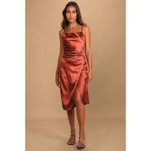 Lulus Bronze Satin Midi Dress Brown - Size L